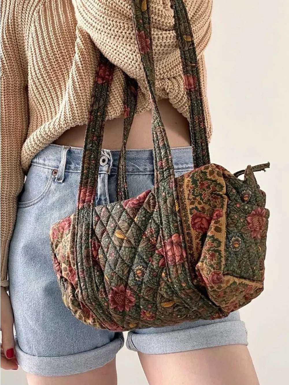 Vera Bradley Vintage 90’s Quilted Botanical Shoulder Bag Olive & Pink